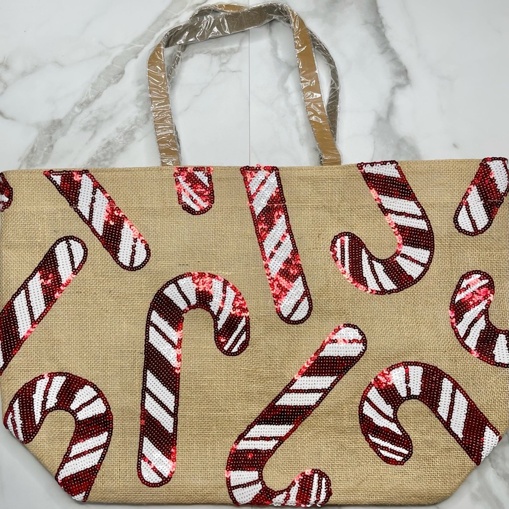 Mud Pie Christmas Candy Cane Tote Bag NEW